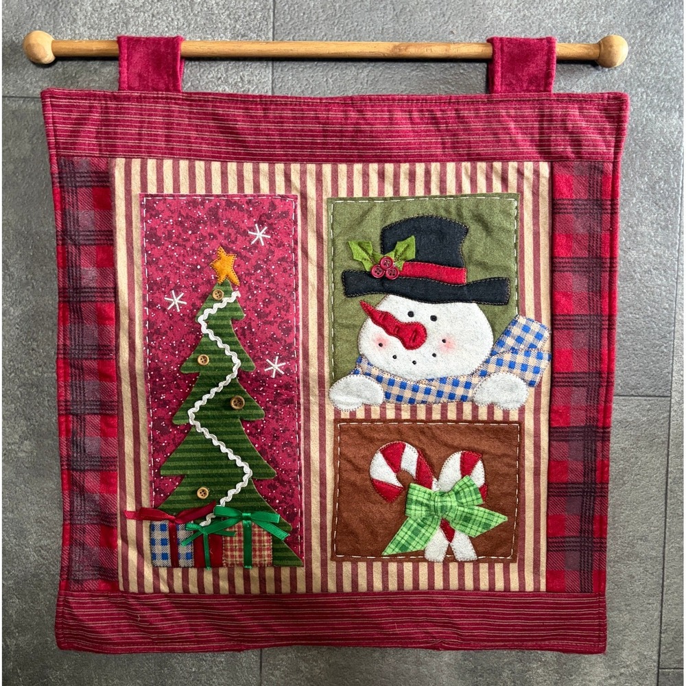 Christmas Snowman Candy Cane Tree Wall Hanging Rustic Plaid Quilt Felt Handmade